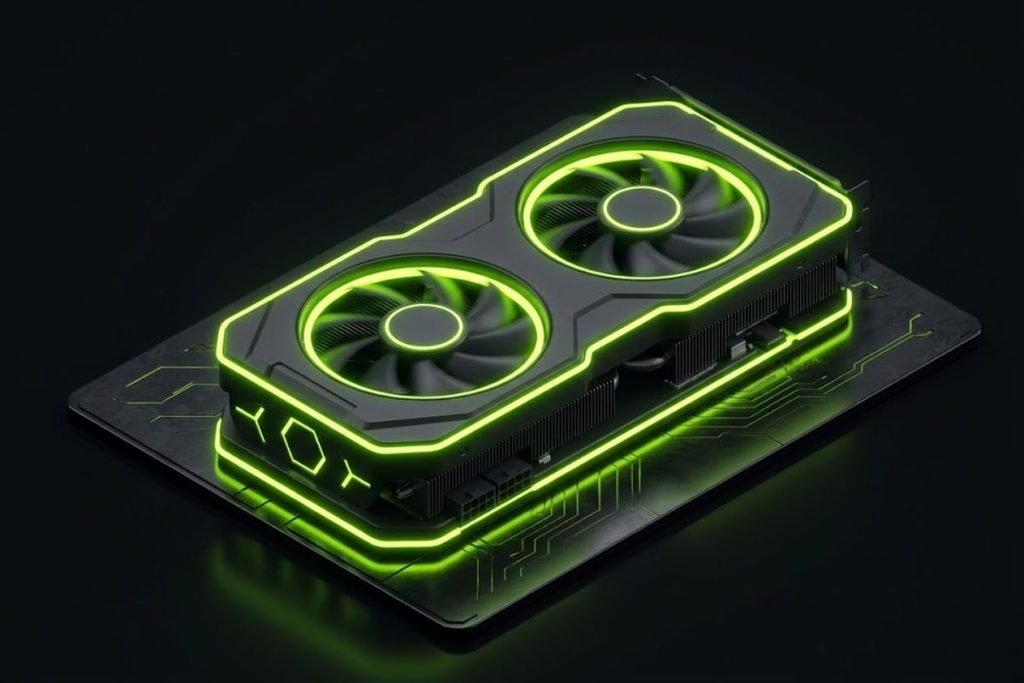 Ilustrasi 3D kartu grafis dengan kipas ganda dan cahaya hijau neon, merepresentasikan fungsi GPU sebagai jantung visual penentu frame rate dan detail grafis PC gaming.