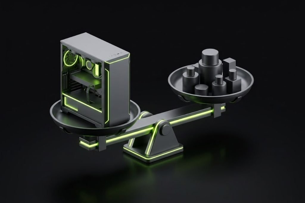 Ilustrasi 3D timbangan yang menyeimbangkan PC gaming dengan beberapa beban pemberat, merepresentasikan pertimbangan kelebihan dan kekurangan PC gaming.