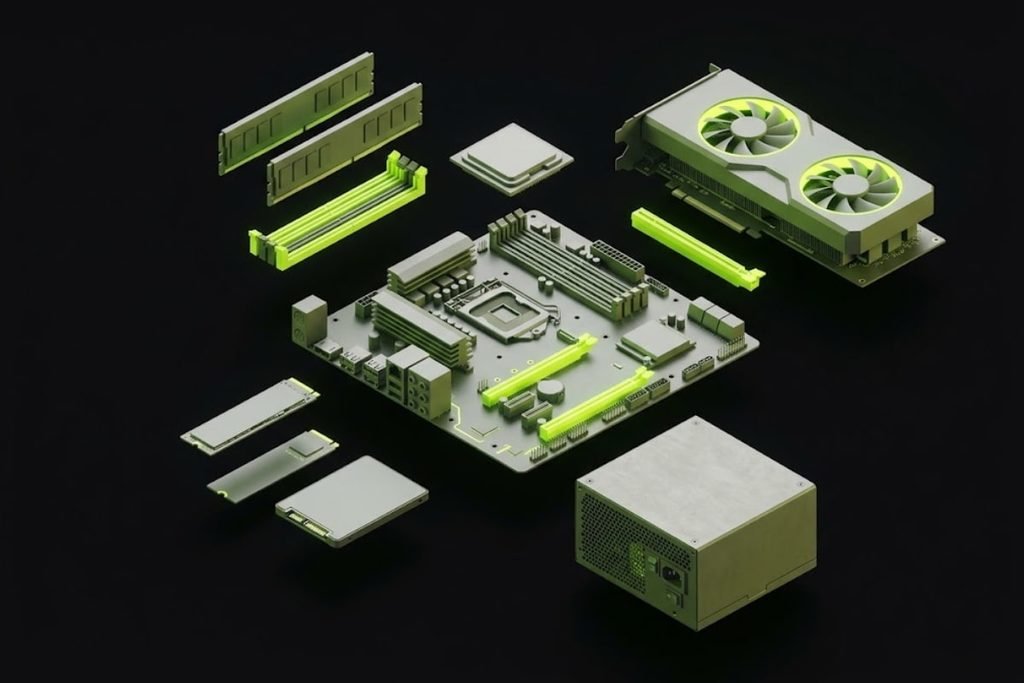 Ilustrasi 3D komponen utama PC gaming yang dibongkar pasang, menampilkan kartu grafis, motherboard, prosesor, RAM, dan power supply.