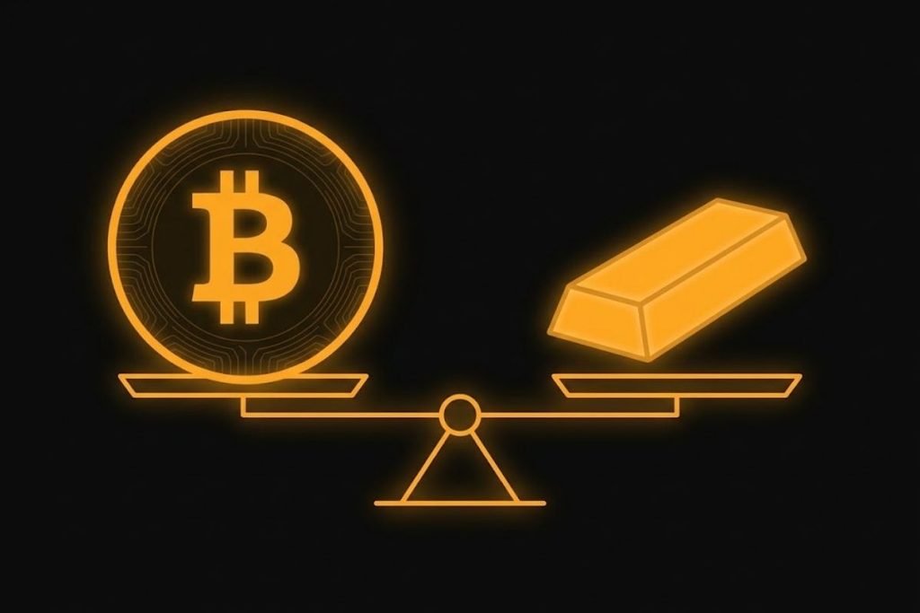 Ilustrasi koin Bitcoin dan batangan emas seimbang di atas timbangan untuk analogi Bitcoin yang dianggap sebagai emas digital.