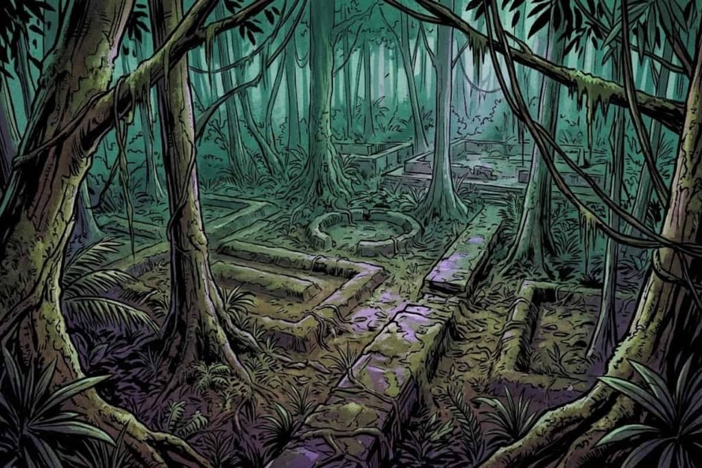 Ilustrasi reruntuhan fondasi bangunan kuno yang tertutup lebatnya hutan Amazon, merepresentasikan Kenapa Kisah Ini Masih Memikat dalam misteri hilangnya Percy Fawcett.