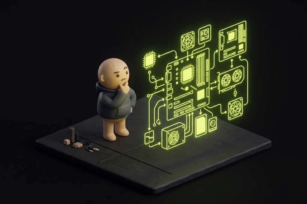 Ilustrasi 3D karakter mengamati diagram hologram komponen hardware komputer, merepresentasikan alasan kenapa perlu paham komponen PC gaming untuk menjaga keseimbangan dan menghindari bottleneck.