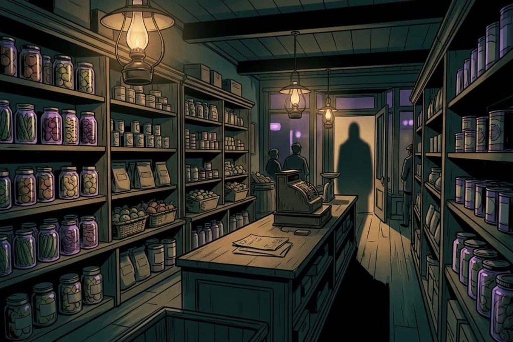 Ilustrasi siluet pria misterius berdiri di ambang pintu toko kelontong temaram, merepresentasikan ancaman Axeman of New Orleans terhadap para pedagang imigran Italia.