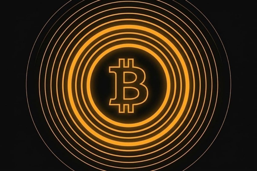 Ilustrasi logo Bitcoin di pusat gelombang lingkaran oranye untuk kesimpulan panduan aset kripto.