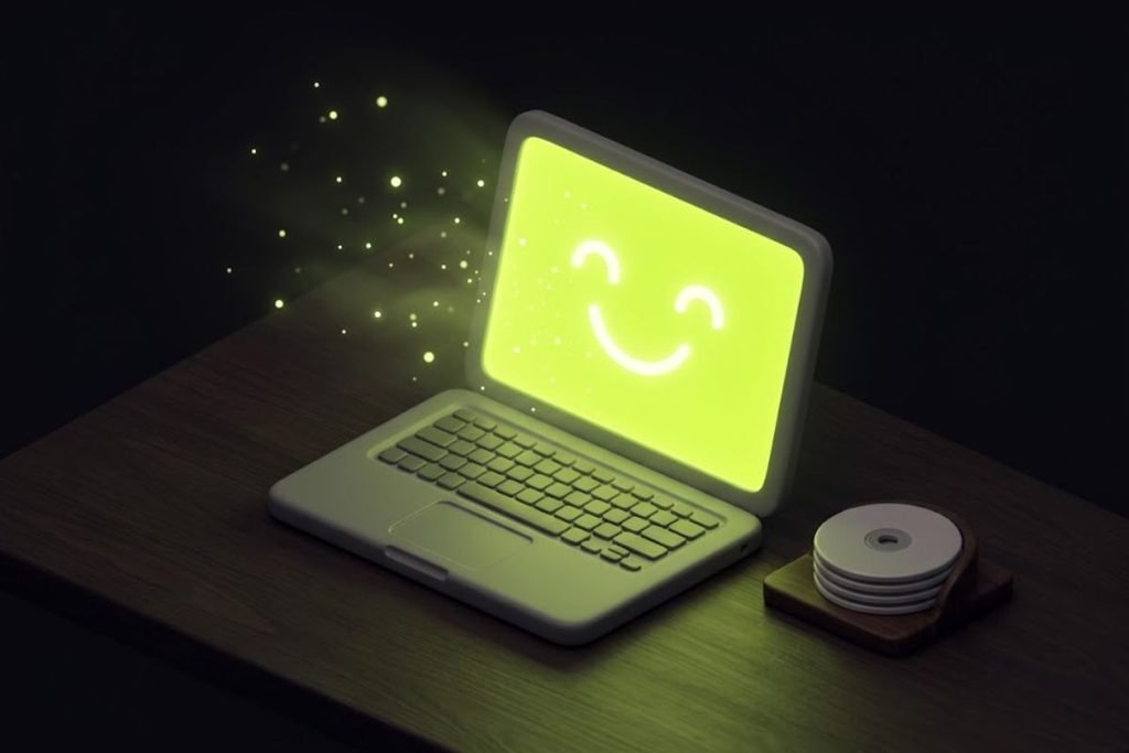 Ilustrasi 3D laptop dengan layar menyala hijau dan wajah tersenyum, merepresentasikan kesimpulan bahwa bermain game PC ringan di laptop kentang tetap menyenangkan dan aman untuk dompet.