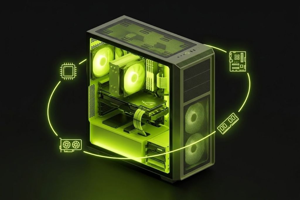 Ilustrasi 3D PC gaming rakitan yang dikelilingi ikon komponen hardware saling terhubung, merepresentasikan kesimpulan pentingnya kombinasi seimbang seluruh bagian komputer.