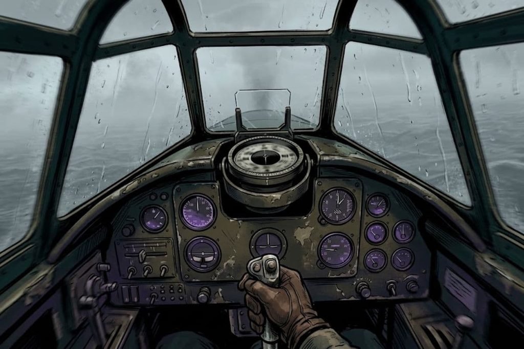 Ilustrasi pandangan dari dalam kokpit pesawat menatap kompas di tengah cuaca badai, merepresentasikan momen Letnan Taylor kehilangan arah dalam penerbangan Flight 19.