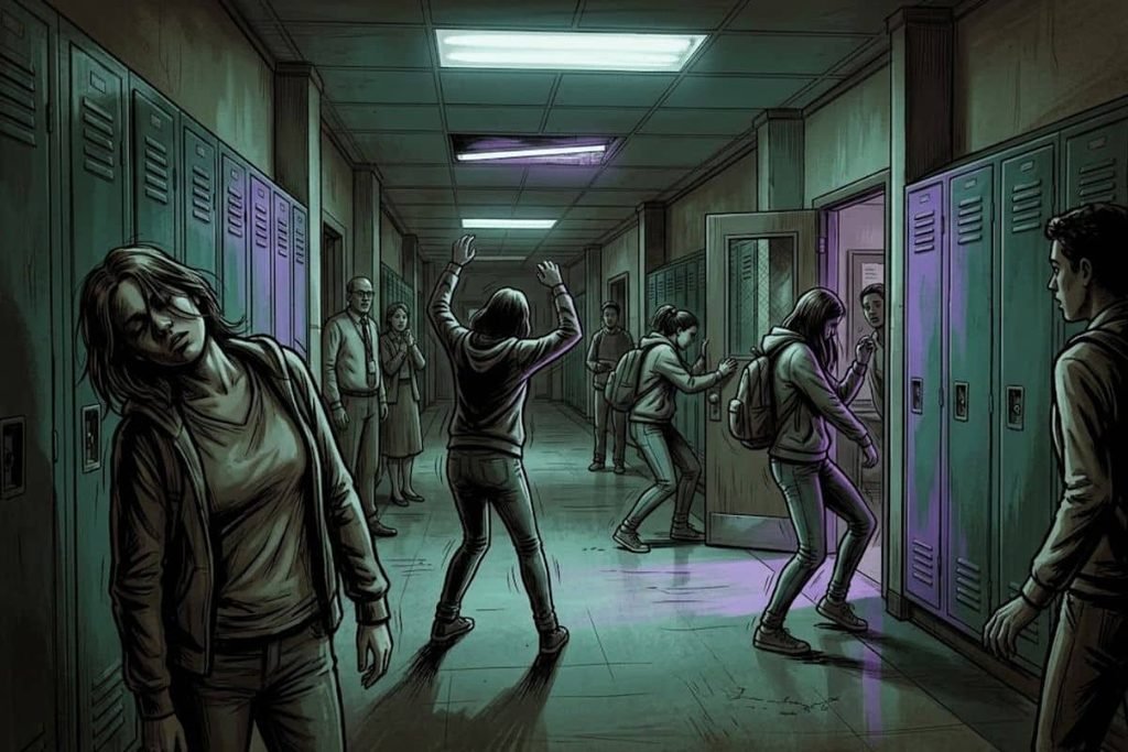 Ilustrasi suasana panik di lorong sekolah saat belasan siswi remaja secara bersamaan mengalami gejala kedutan tak terkendali, merepresentasikan meluasnya wabah tics misterius.