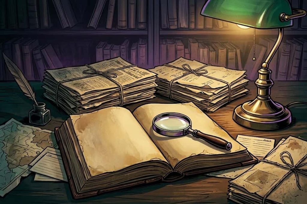 Ilustrasi buku tua kosong dan tumpukan koran lama di meja penelitian, merepresentasikan nihilnya bukti sejarah dan catatan resmi terkait misteri kapal hantu Ellen Austin.