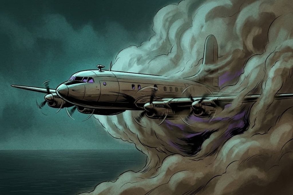 Ilustrasi pesawat baling-baling menembus formasi awan misterius, merepresentasikan awal mula lahirnya legenda Segitiga Bermuda dari kasus Star Tiger dan Star Ariel.