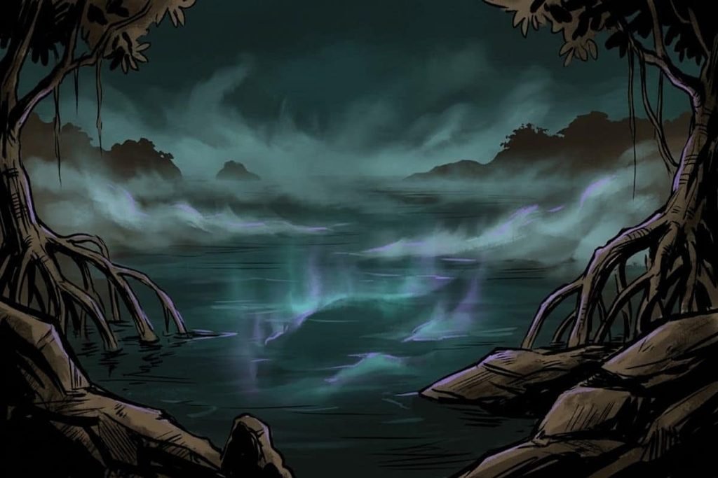 Ilustrasi kabut bercahaya misterius di atas perairan gelap pesisir, merepresentasikan mitos kerajaan gaib dan cerita mistis yang menyelimuti Segitiga Masalembo.