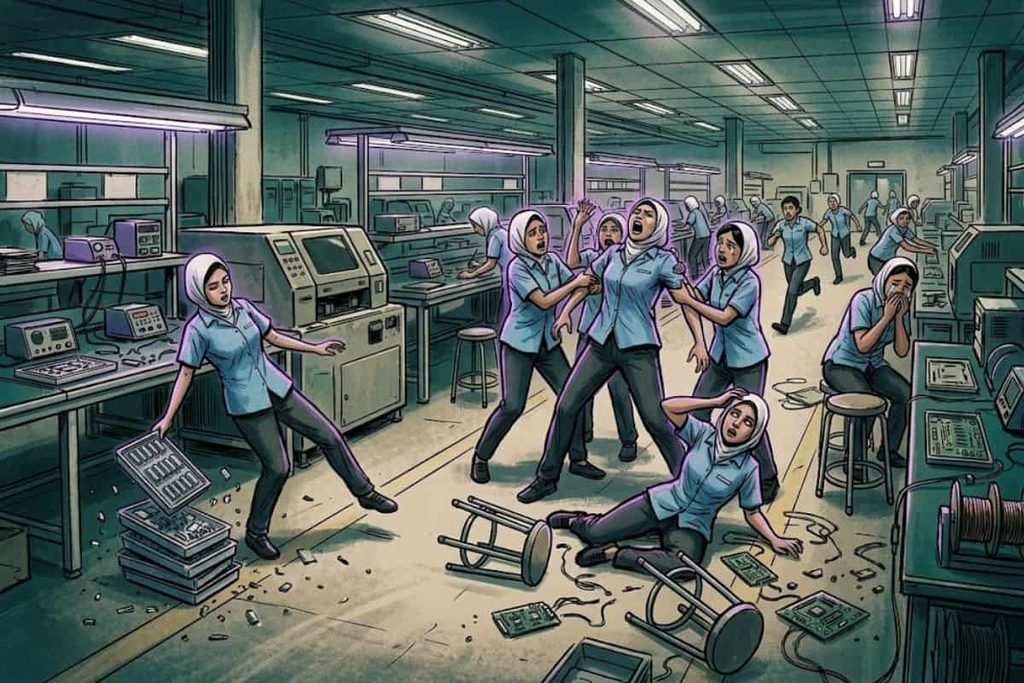 Ilustrasi suasana kacau di lantai pabrik ketika para buruh perempuan mengalami kesurupan massal, menjerit histeris, dan meronta hingga menghentikan lini produksi.