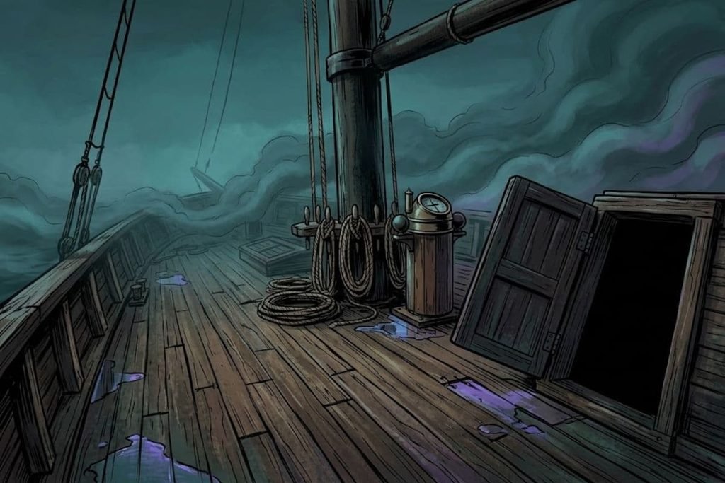 Ilustrasi geladak kapal layar yang kosong dan diselimuti kabut dengan pintu palka terbuka gelap, merepresentasikan lenyapnya awak penyelamat Ellen Austin tanpa jejak.