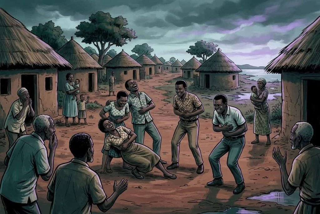 Ilustrasi sekelompok anak muda yang tertawa histeris di tengah pemukiman desa sementara penduduk lain kebingungan, merepresentasikan penyebaran wabah tertawa 1962 ke kampung halaman.