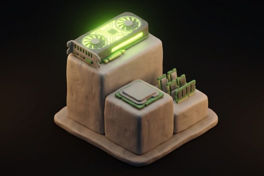 Ilustrasi 3D podium berundak yang menempatkan GPU di posisi tertinggi diikuti CPU dan RAM, merepresentasikan prioritas komponen mana yang paling ngaruh ke performa PC gaming.