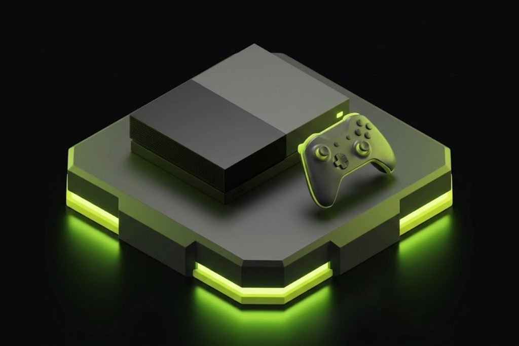 Ilustrasi 3D perangkat konsol game rumahan dan controller di atas platform bercahaya hijau, mengilustrasikan definisi apa itu konsol game yang dirancang khusus untuk kemudahan bermain.