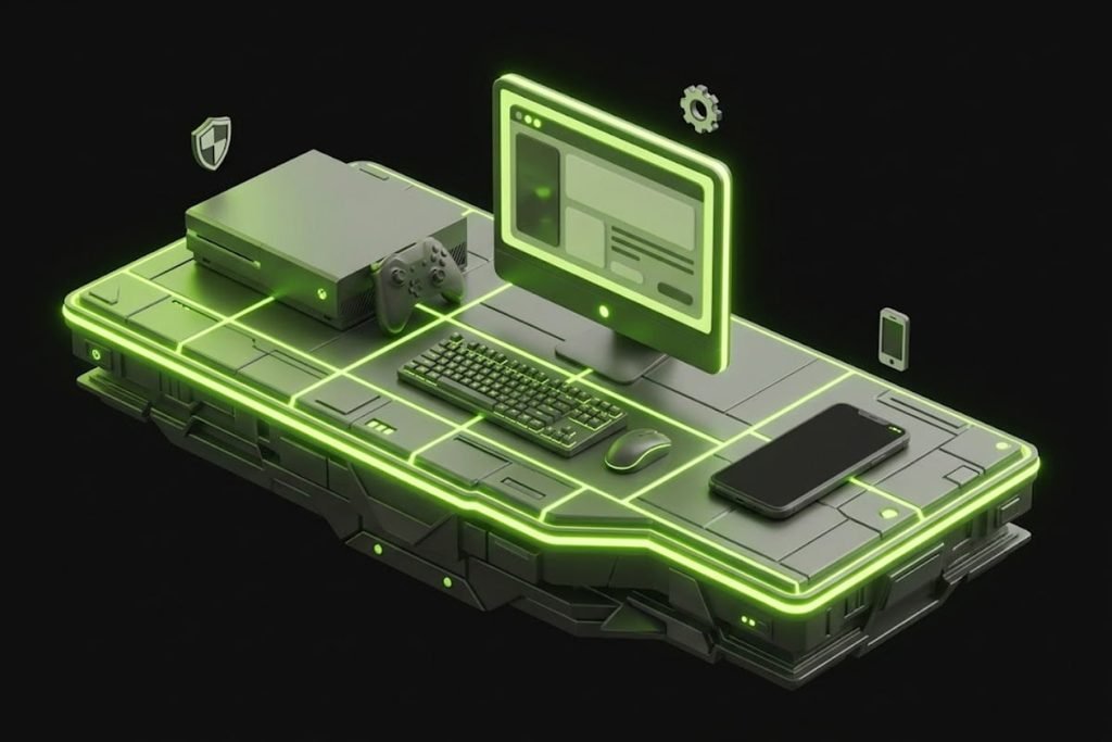 Ilustrasi 3D yang menampilkan perangkat konsol, PC desktop, dan smartphone secara berdampingan, merepresentasikan perbandingan dan alasan kenapa masih banyak yang pilih konsol untuk bermain game.