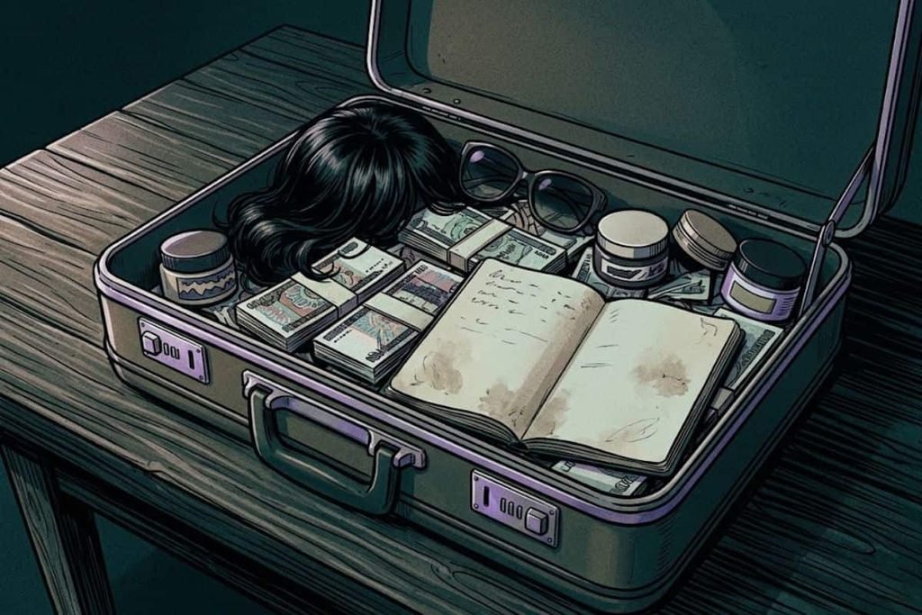 Ilustrasi koper terbuka berisi wig, kacamata hitam, uang tunai, dan buku catatan sandi, merepresentasikan penemuan barang bukti yang mengungkap delapan identitas palsu Isdal Woman.