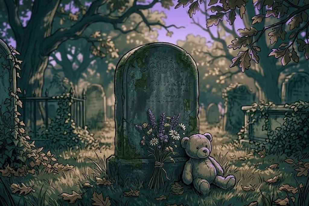 Ilustrasi batu nisan usang yang dihiasi buket bunga dan boneka beruang, merepresentasikan makam America's Unknown Child dari kasus Boy in the Box yang terus dikenang.