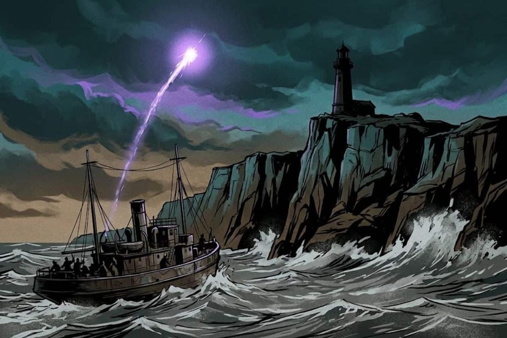 Ilustrasi kapal tender Hesperus menembakkan suar di dekat pulau Eilean Mor, merepresentasikan momen Lampu yang Padam dalam Misteri Mercusuar Flannan.