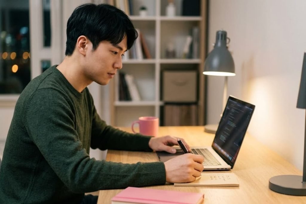 Pria yang sedang fokus menulis daftar tugas di buku catatan di depan laptop, mengilustrasikan langkah menyusun skala prioritas agar lebih terencana.