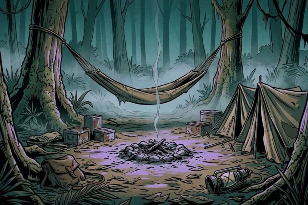 Ilustrasi perkemahan kosong di tengah hutan dengan tenda dan api unggun yang masih berasap, merepresentasikan Lenyap Tanpa Jejak dalam kisah ekspedisi Percy Fawcett.