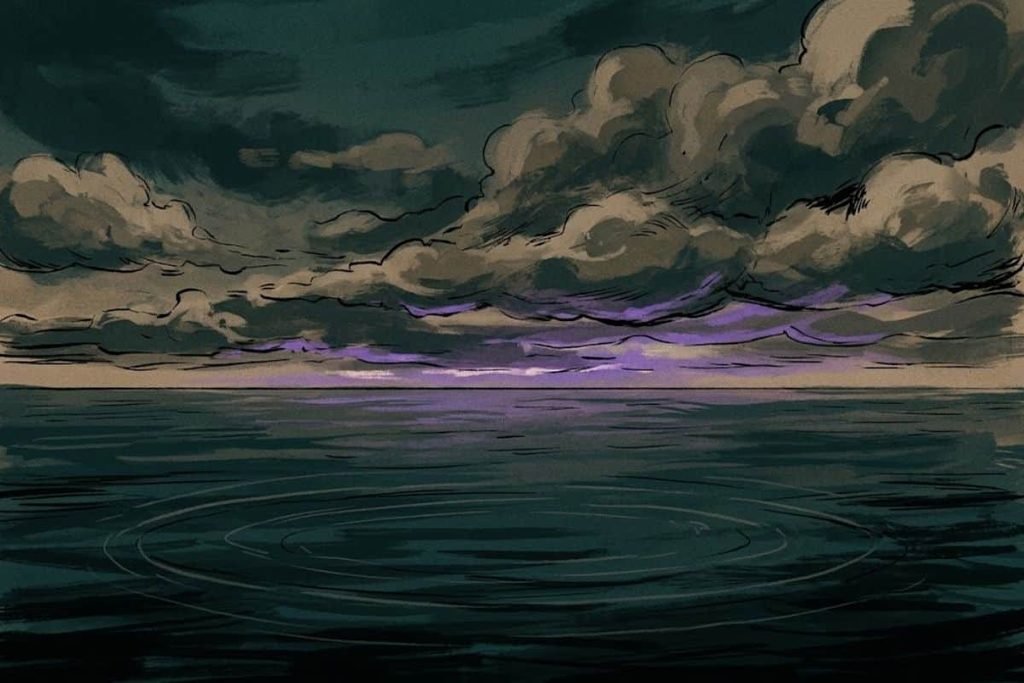 Ilustrasi lautan kosong dengan riak air di bawah langit mendung gelap, merepresentasikan lenyapnya kapal USS Cyclops tanpa jejak beserta 306 awaknya.