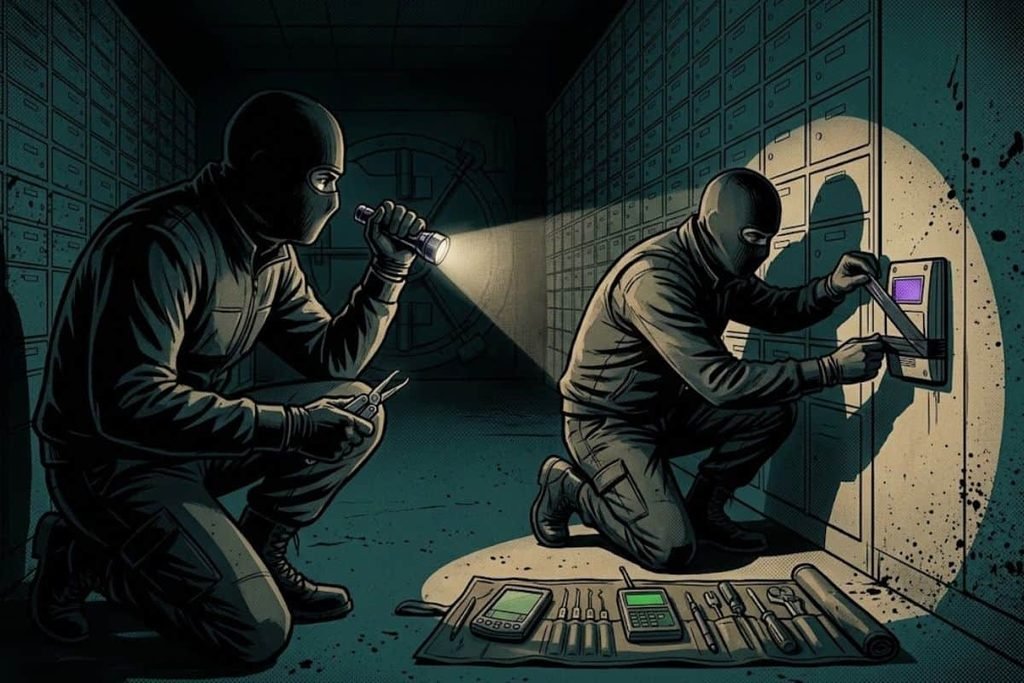 Ilustrasi dua perampok bertopeng melumpuhkan panel sensor keamanan menggunakan lakban di dalam ruang brankas, merepresentasikan taktik pembobolan dalam kasus Antwerp Diamond Heist.