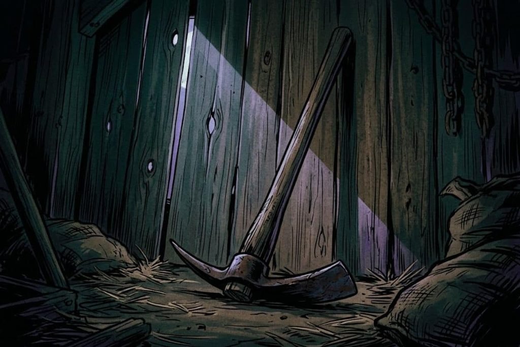 Ilustrasi alat pertanian beliung atau mattock di dalam lumbung yang gelap, merepresentasikan senjata yang digunakan pelaku pada malam yang mengerikan di Hinterkaifeck.