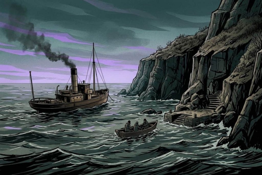 Ilustrasi sekoci dari kapal uap merapat ke dermaga batu di pulau terjal Eilean Mor, merepresentasikan kedatangan Joseph Moore untuk menyelidiki misteri mercusuar yang berhenti menyala.