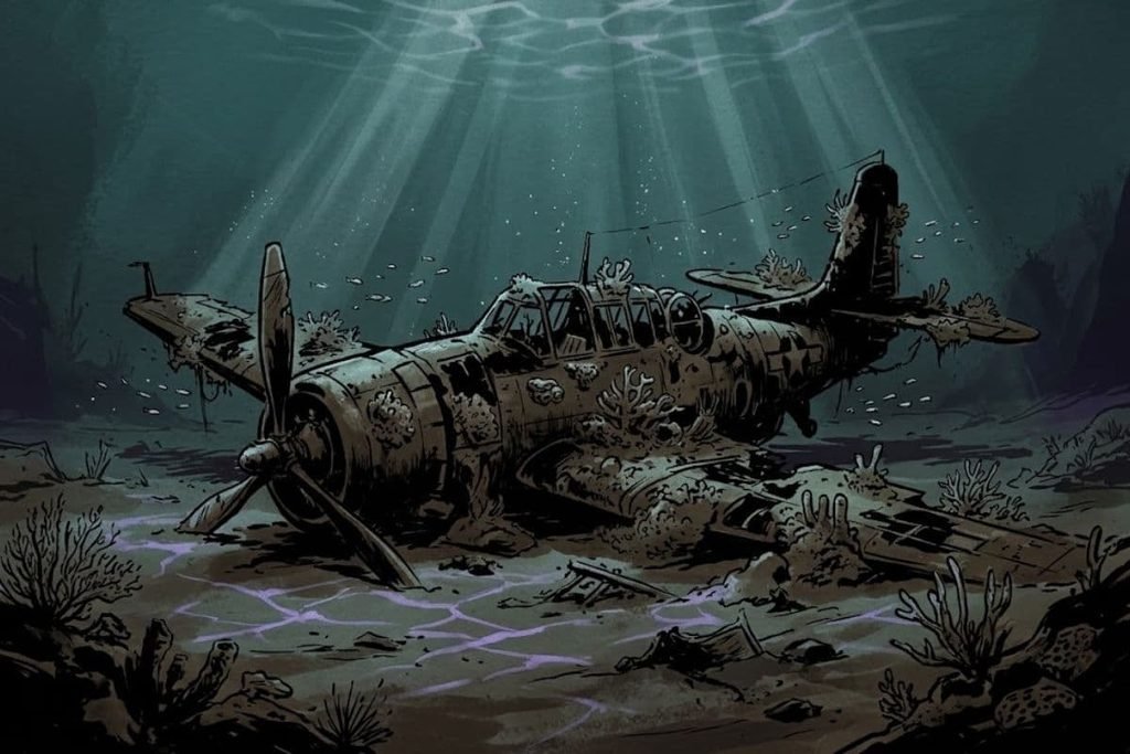 Ilustrasi bangkai pesawat pengebom Avenger yang ditumbuhi karang di dasar laut, merepresentasikan misteri lokasi jatuhnya skuadron Flight 19 di Segitiga Bermuda yang belum ditemukan.