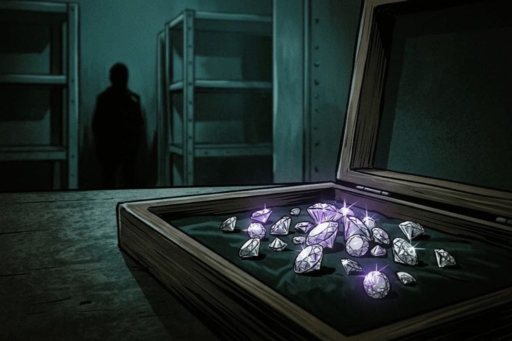 Ilustrasi kotak berisi berlian berkilau dengan siluet pria misterius di lorong gelap, merepresentasikan teka-teki hilangnya hasil rampokan dan sosok tak dikenal dalam kasus Antwerp Diamond Heist.