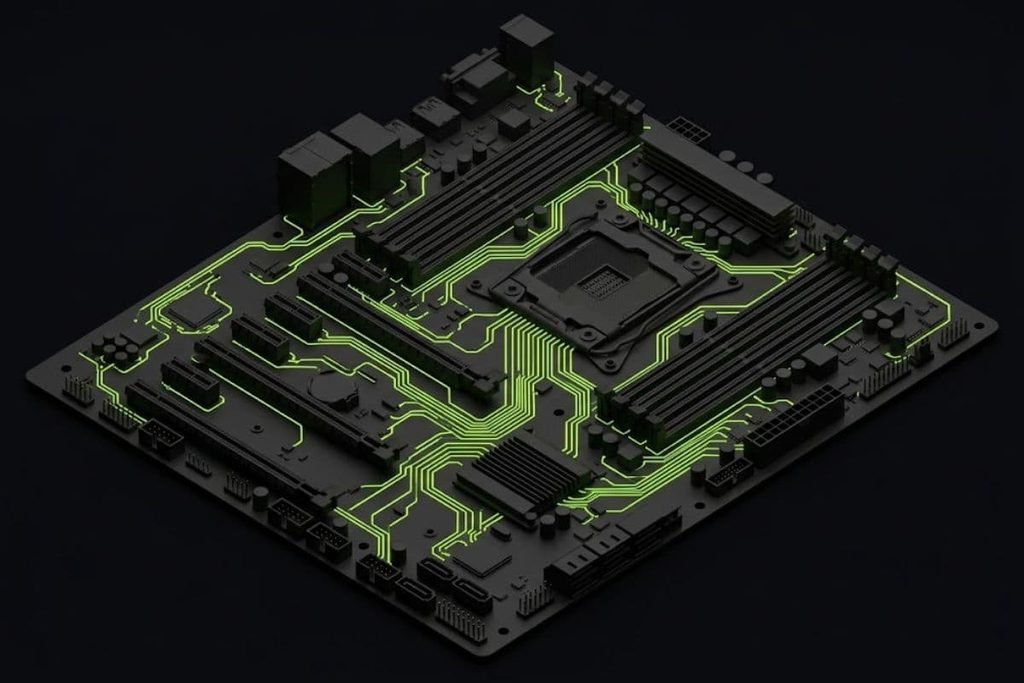Ilustrasi 3D motherboard PC gaming dengan jalur sirkuit bercahaya hijau, merepresentasikan fungsinya sebagai papan penghubung utama seluruh komponen komputer.