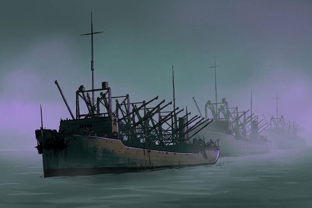 Ilustrasi tiga kapal kargo kelas Proteus menembus kabut laut, merepresentasikan nasib ganjil USS Cyclops beserta dua kapal saudaranya yang ikut lenyap tanpa jejak di waktu yang berbeda.
