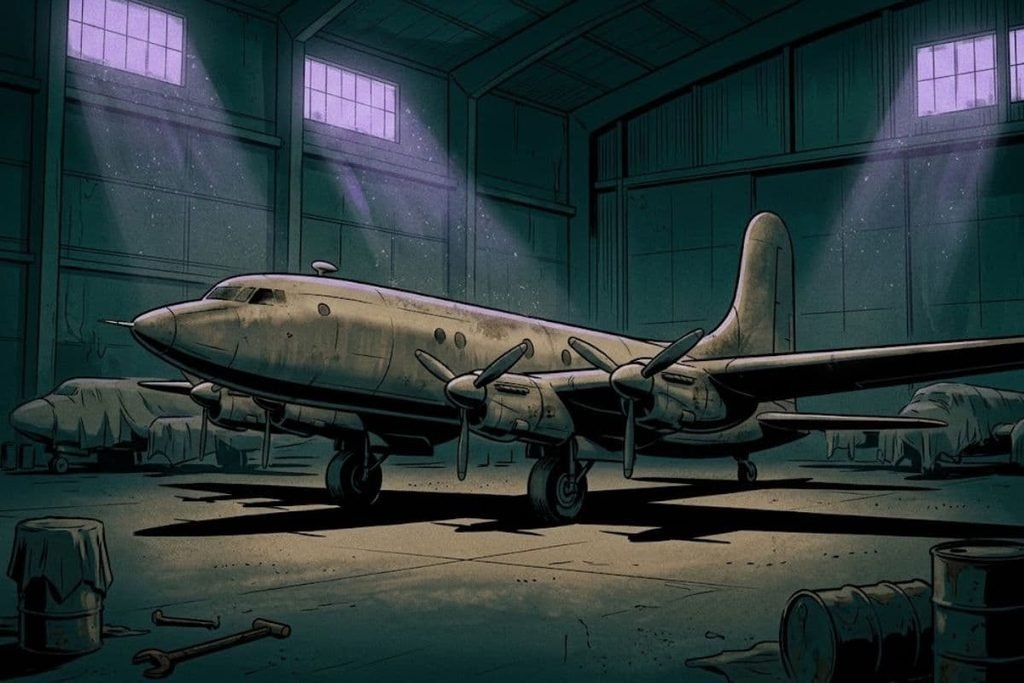 Ilustrasi pesawat Avro Tudor yang dikandangkan sepi di dalam hanggar, merepresentasikan nasib ditariknya armada tersebut dari layanan penumpang pasca tragedi Segitiga Bermuda.