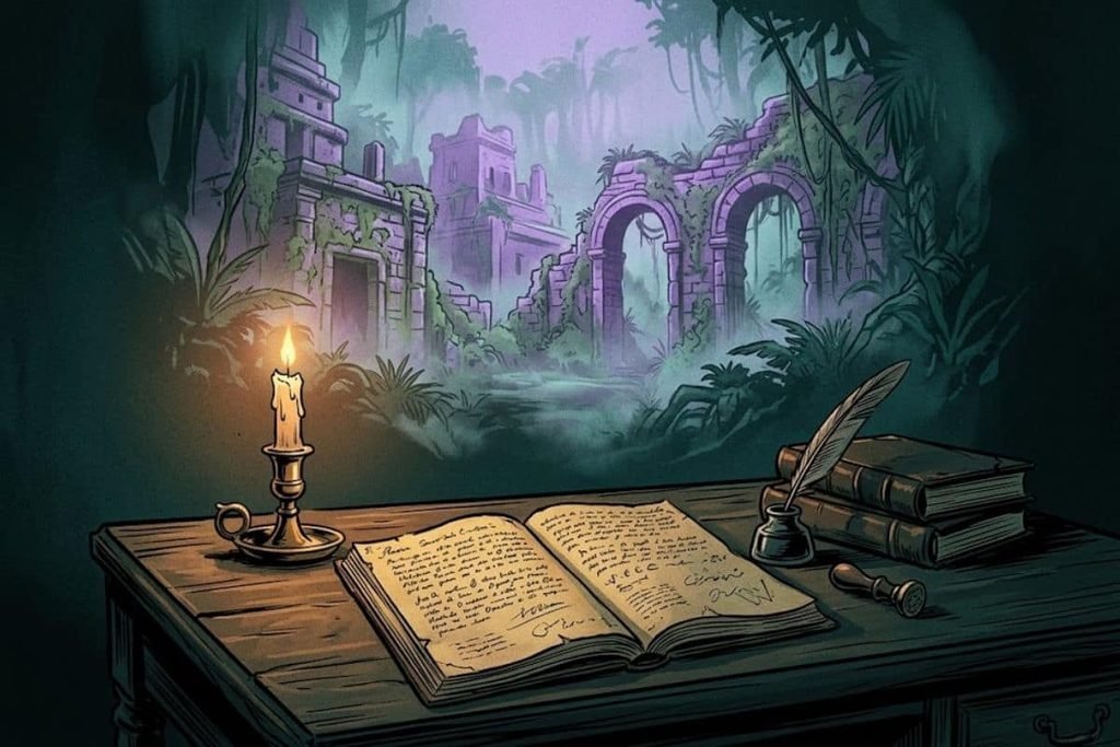 Ilustrasi buku naskah tua dan lilin di atas meja dengan latar reruntuhan kota kuno, merepresentasikan Obsesi pada Kota yang Disebut Z dalam kisah Percy Fawcett