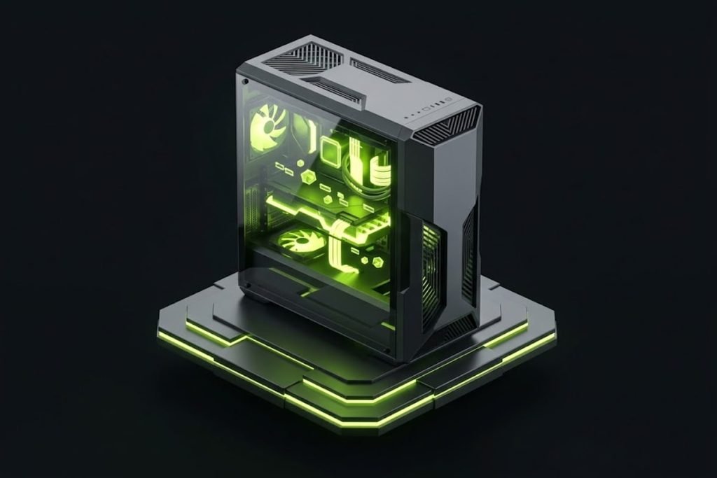 Ilustrasi 3D casing PC transparan yang menampilkan komponen bertenaga dengan cahaya hijau, merepresentasikan pengertian apa itu PC gaming atau komputer gaming.