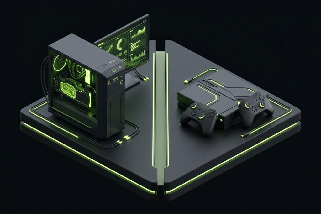Ilustrasi 3D platform yang terbagi dua, menampilkan setup PC gaming di sebelah kiri dan perangkat konsol di sebelah kanan, merepresentasikan perbandingan dan panduan memilih PC gaming vs konsol.