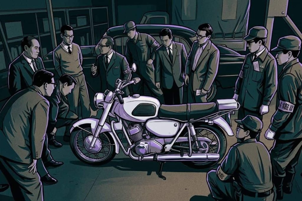 Ilustrasi sekelompok detektif kepolisian Jepang sedang memeriksa sepeda motor putih, merepresentasikan barang bukti pengecoh yang ditinggalkan pelaku perampokan 300 juta yen.