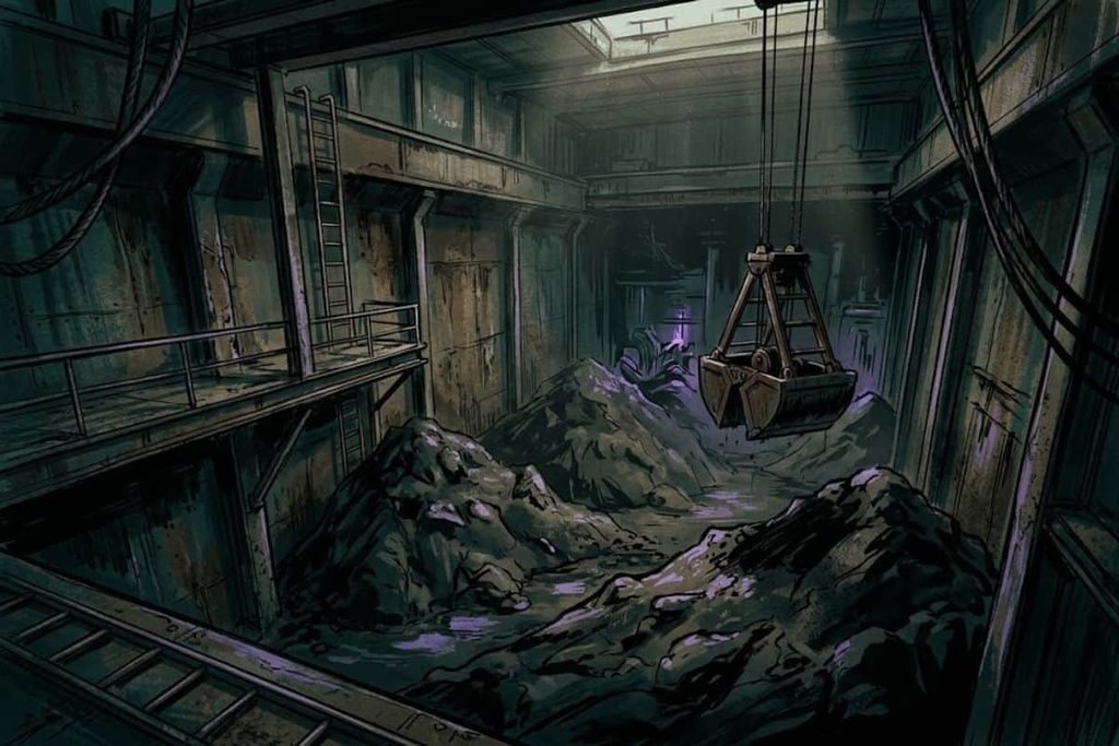 Ilustrasi ruang muat lambung kapal USS Cyclops yang dipenuhi gunungan muatan bijih mangan, merepresentasikan beban berat pada pelayaran terakhirnya.