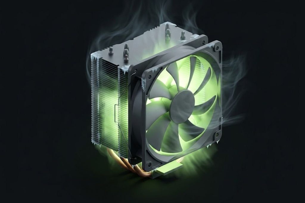 Ilustrasi 3D komponen air cooler PC dengan efek embun beku dan cahaya hijau, merepresentasikan fungsi pendingin sebagai penjaga suhu agar komputer gaming tidak mengalami thermal throttling.