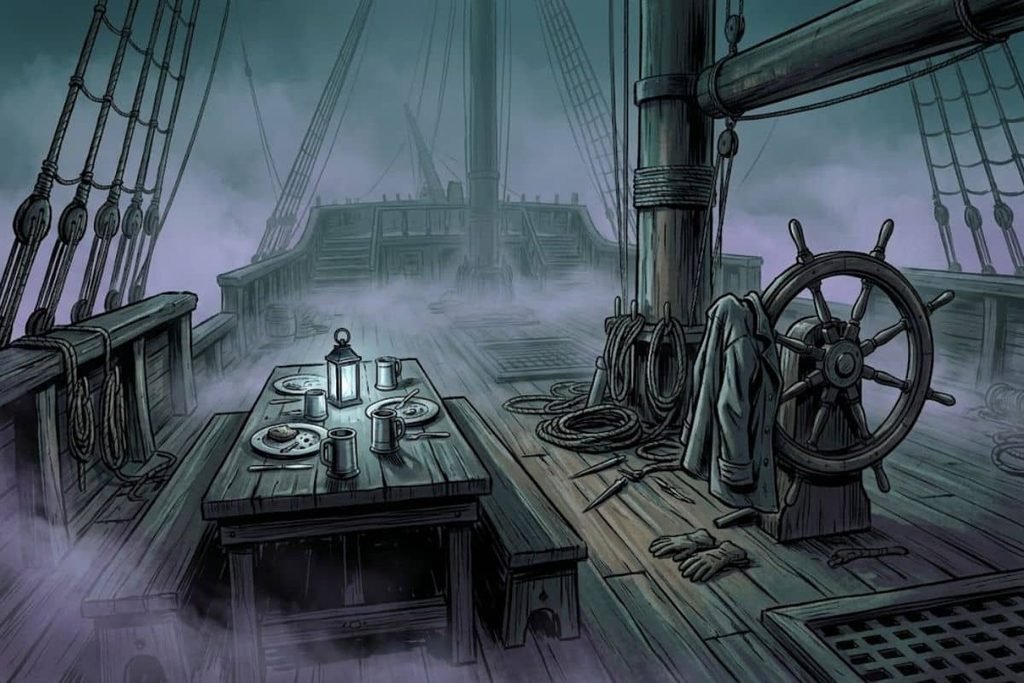Ilustrasi geladak kosong kapal Carroll A. Deering dengan makanan yang masih tersaji di meja, merepresentasikan penemuan membingungkan hilangnya para awak tanpa jejak.