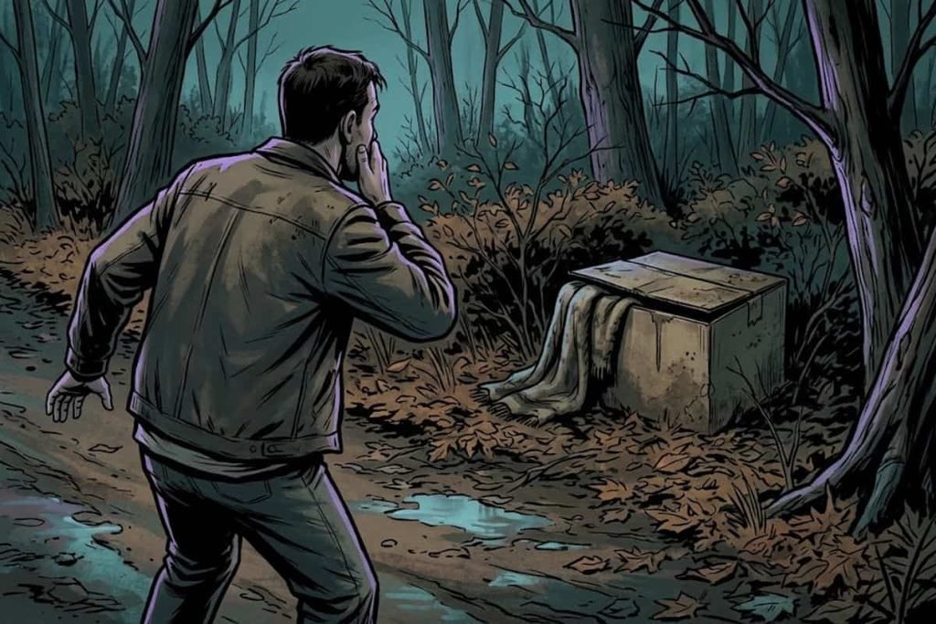 Ilustrasi seorang pria terkejut menemukan kardus JCPenney dan selimut usang di hutan temaram, merepresentasikan momen penemuan memilukan korban misteri Boy in the Box.