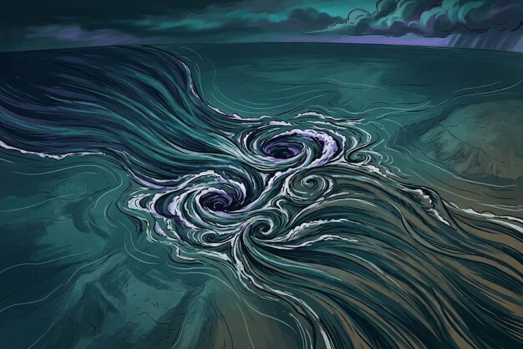 Ilustrasi Masalembo: Pusaran arus laut raksasa (eddies) dan turbulensi di permukaan air akibat pertemuan arus besar Arlindo dan arus Laut Jawa, menjelaskan secara ilmiah fenomena alam yang berbahaya di balik mitos kutukan.
