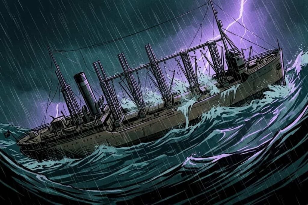 Ilustrasi lambung kapal USS Cyclops yang patah di tengah badai petir, merepresentasikan penjelasan paling masuk akal tenggelamnya kapal akibat muatan berlebih.