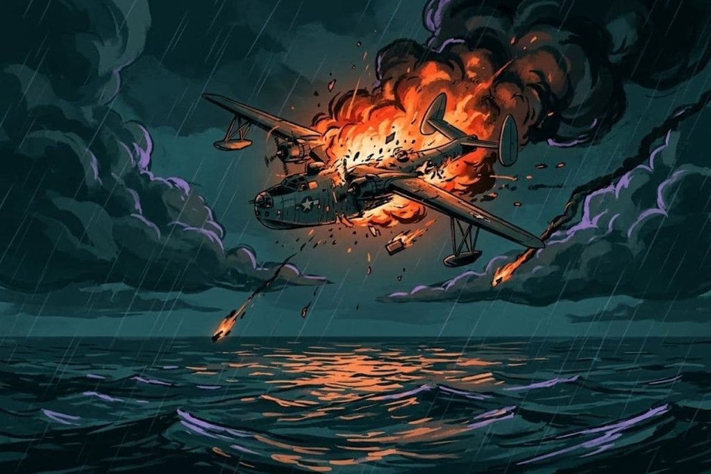 Ilustrasi pesawat amfibi PBM Mariner meledak di udara di atas lautan gelap, merepresentasikan nasib tragis tim penyelamat yang ikut lenyap menyusul Flight 19.