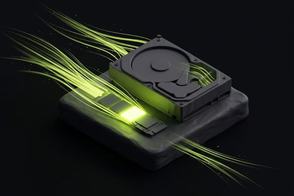 Ilustrasi 3D perbandingan komponen HDD statis dan SSD NVMe dengan efek cahaya berkecepatan tinggi, merepresentasikan penyimpanan sebagai gudang data PC gaming.
