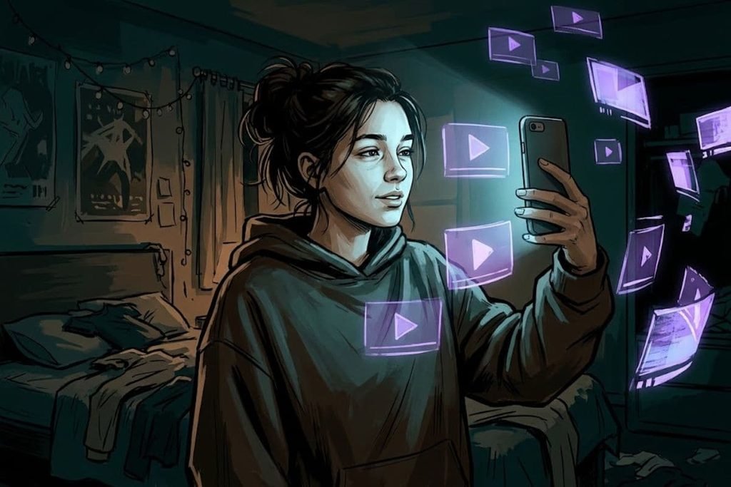 Ilustrasi seorang remaja perempuan menatap ponsel pintar yang dikelilingi ikon video melayang, merepresentasikan penyebaran wabah tics massal Le Roy melalui paparan visual di media sosial.