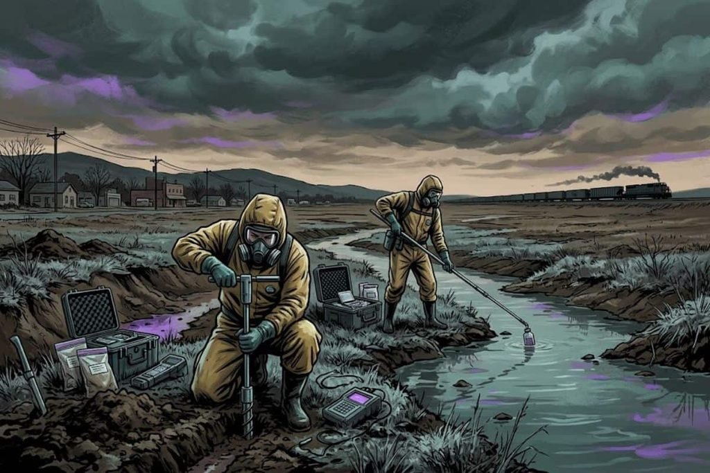 Ilustrasi petugas berhazmat mengambil sampel tanah dan air, merepresentasikan penyelidikan teori racun lingkungan dari tumpahan bahan kimia dalam kasus tics massal Le Roy.