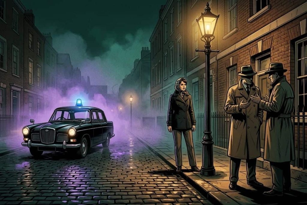 Ilustrasi polisi wanita yang menyamar dan dua detektif di jalanan London malam hari, mewakili operasi perburuan terbesar Scotland Yard terhadap Jack the Stripper.